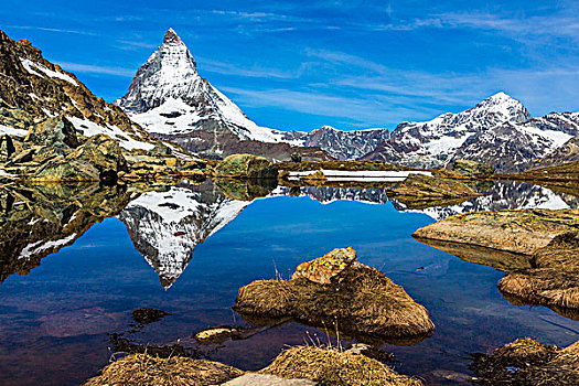 大石头,湖,反射,马塔角,晴天,靠近,策马特峰,瑞士