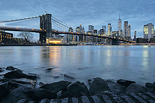 城市,布鲁克林大桥,下曼哈顿,天际线,黄昏,纽约,美国