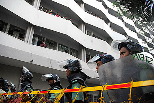警察,站立,警戒,支持者,孟加拉,聚会,一起,户外,办公室,达卡,十二月,2006年