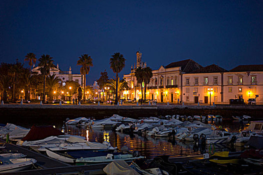 码头,夜晚,法若,阿尔加维,葡萄牙,欧洲