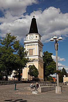 芬兰,区域,坦佩雷,城市,中心,新古典,老,教堂钟,塔,钟表