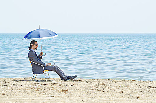 男人,伞,海边,海滩