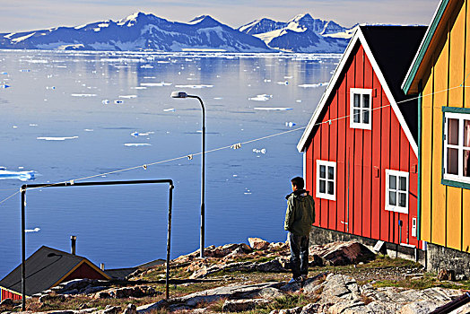 格陵兰,东方,孩子,因纽特人,木屋,峡湾,沿岸,风景