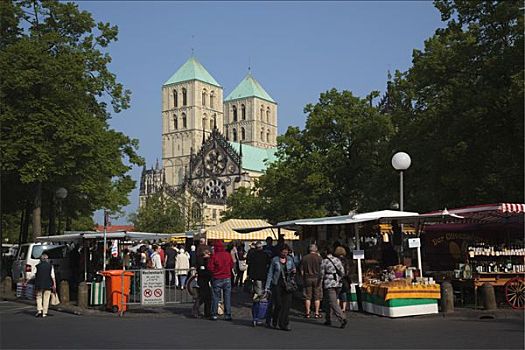 农贸市场,大教堂广场,圣保罗大教堂,北莱茵威斯特伐利亚,德国,欧洲