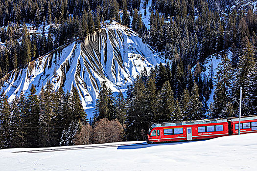 红色,列车,铁路,雪景,地区,格劳宾登,瑞士,欧洲