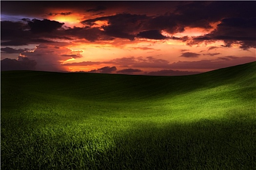 漂亮,绿色,草地,日落,云