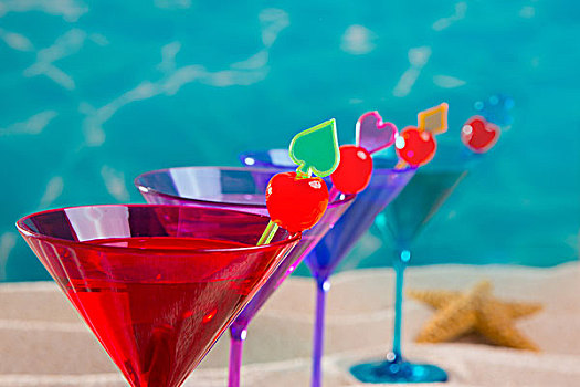 彩色,鸡尾酒,排列,樱桃,热带,沙滩,蓝绿色海水
