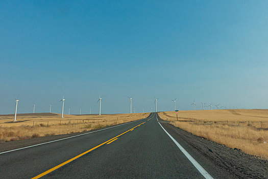 沙漠中的公路和风力发电设备