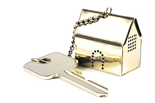 房钥匙,金色,房屋模型,钥匙链,隔绝,白色背景
