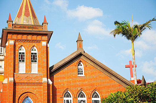 台湾淡水古迹基督长老教会歌德式红砖建筑教堂