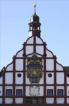 文艺复兴,山墙,钟表,日晷,老,市政厅,普劳恩,福格特兰,萨克森,德国