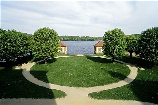 两个,对称,花园,亭子,巴洛克,莫里茨堡,城堡,萨克森,德国,欧洲