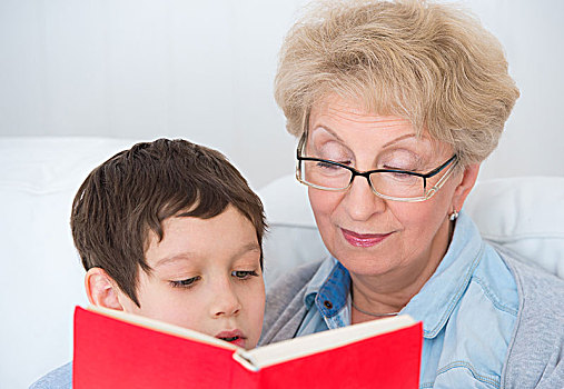 祖母,小男孩,读,书本,高兴,一起,在家