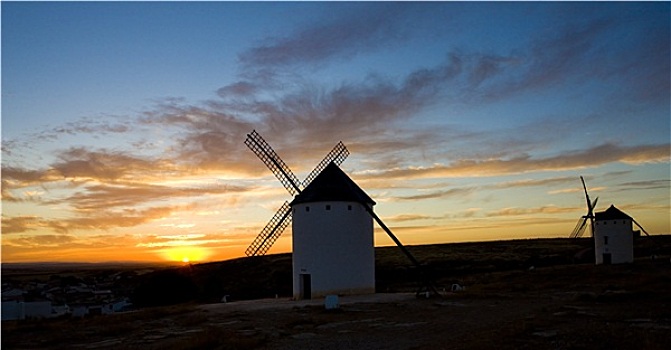 风车,日落,草原,西班牙