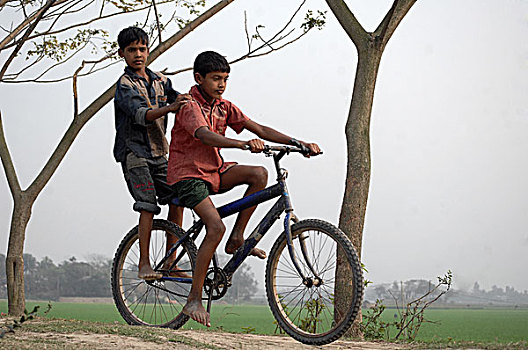 孩子,骑自行车,达卡,孟加拉,二月,2008年