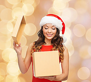 圣诞节,休假,庆贺,人,概念,微笑,女人,圣诞老人,帽子,礼盒,上方,米色,背景