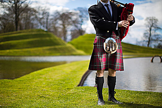 男人,苏格兰人,苏格兰式短裙,演奏,风笛