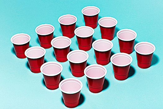 红色,单独,杯子,塑料制品,聚会,排,方形,青绿色背景
