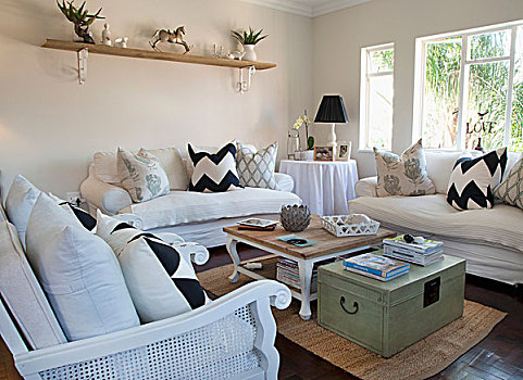 客厅,散落,垫子,白色背景,沙发,藤条,扶手椅,茶几,一堆,杂志,木质,箱子