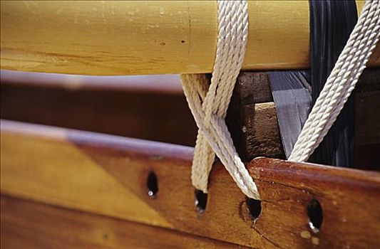 木质,舷外支架,独木舟,特写,索具