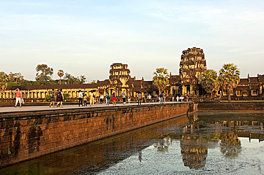 景色,城堡,桥,西部,翼,吴哥窟,寺庙,晚上,亮光,收获,柬埔寨,东南亚,亚洲