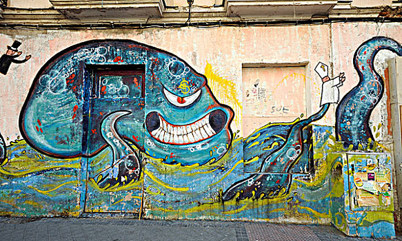 涂鸦,章鱼,建筑,公寓楼,马德里,西班牙,欧洲