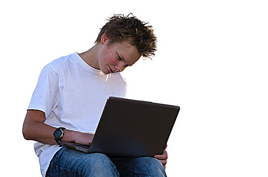 青少年,短直发,工作,笔记本电脑,隔绝,白色背景