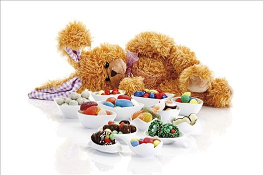 复活节兔子,毛绒玩具,卧,旁侧,糖果,复活节彩蛋,甜食,瓷碗