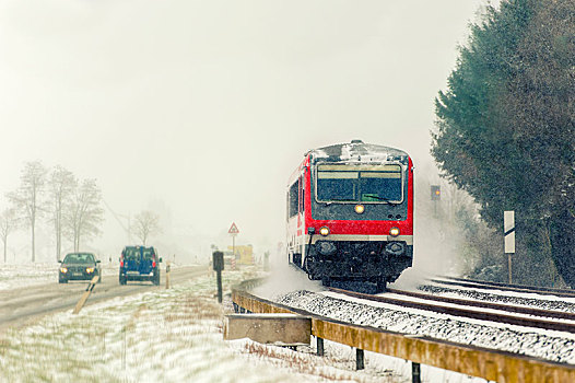 道路,轨道运输,冬天,雪,莱茵兰,北莱茵威斯特伐利亚,德国,欧洲