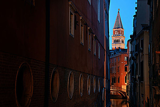 教堂,钟楼,古建筑,夜晚,威尼斯,意大利