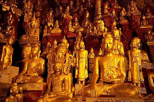 许多,金色,佛像,掸邦,缅甸