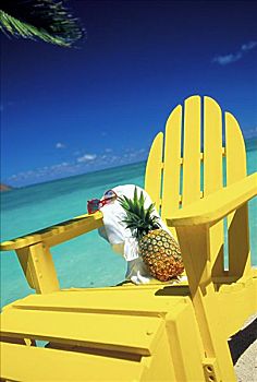 菠萝,白色,毛巾,休息,沙滩椅,青绿色,水,蓝天