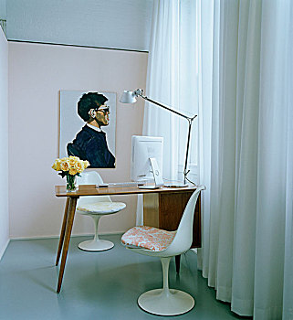 一对,郁金香,椅子,书桌,居家办公,现代,肖像