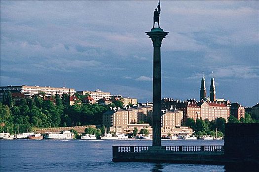 仰视,雕塑,柱子,港口,斯德哥尔摩,瑞典