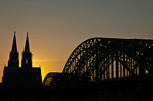 傍晚,科隆大教堂,桥,科隆,北莱茵威斯特伐利亚,德国,欧洲