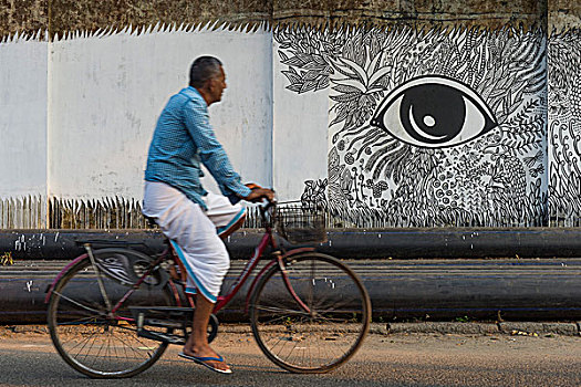骑车,看,涂鸦,墙壁,高知,国际,艺术,展示,当代艺术,喀拉拉,印度,亚洲