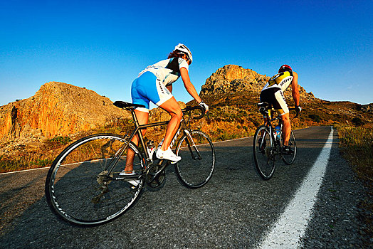 两个,比赛,骑车,自行车,上坡,途中,高原,靠近,克里特岛,希腊,欧洲