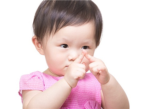 亚洲,女婴,看,两个,手指,接触,一起