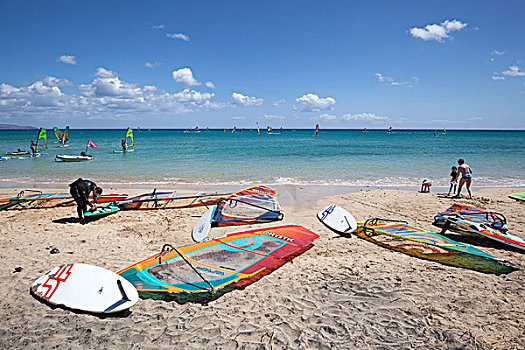 帆板运动,板,帆,躺着,海滩,干盐湖,索塔文托,富埃特文图拉岛,加纳利群岛,西班牙,欧洲