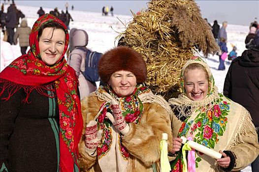 三个女人,传统,乌克兰,衣服,后面,烧,忏悔节,象征,结束,冬天,东欧