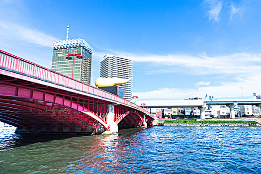 红色,桥,上方,水,现代建筑,蓝色,天际线,东京