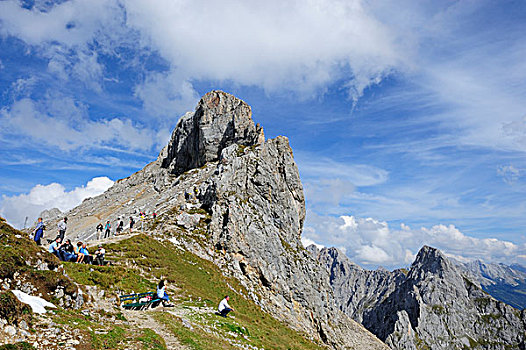 游客,正面,顶峰,山,山脉,上巴伐利亚,巴伐利亚,德国,欧洲