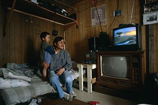 儿子,看,电视,家,小,岛屿