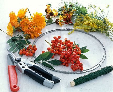 夏末,花环,万寿菊,花楸浆果