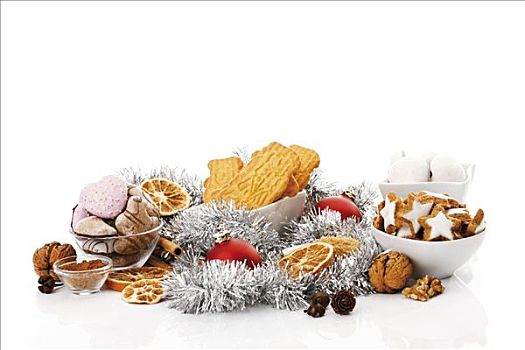种类,圣诞饼干,圣诞装饰,肉桂棒,橙子片,圣诞树球