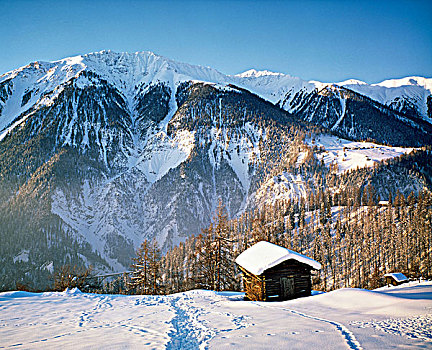 小屋,靠近,雪,山峦,山,瑞士