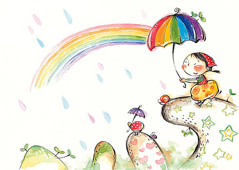 拿着,伞,天空,彩虹