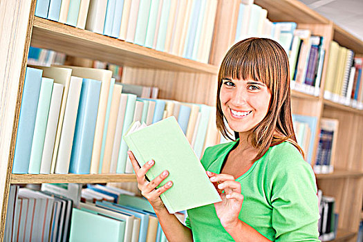 学生,图书馆,愉悦,女人,选择,书本,书架