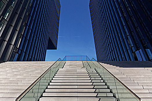 宽,楼梯,向上,摩天大楼,媒体,港口,杜塞尔多夫,北莱茵威斯特伐利亚,德国,欧洲