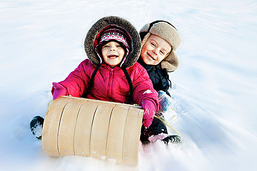 两个,小孩,雪橇,雪地,云杉,小树林,艾伯塔省,加拿大